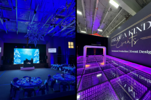 Side-by-side comparison of two events showcasing custom branding on LED wall panels.