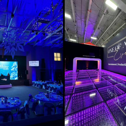 Side-by-side comparison of two events showcasing custom branding on LED wall panels.