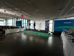 Corporate conference room illuminated by an LED wall panel displaying dynamic graphics.