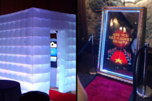Colorful photo booth setup at a birthday party with themed decorations.