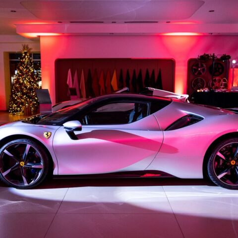 Ferrari car display at corporate event featuring cohesive red branding