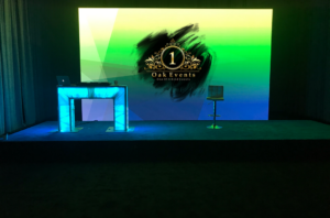 Dynamic backdrop with LED screen displaying moving visuals.