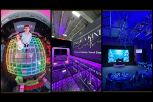 Side-by-side images of two custom dance floors and a winter-themed event.