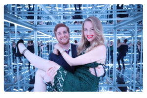 Guests using a photobooth at a corporate event