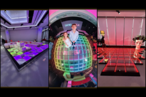 Three different LED dance floors with vibrant color schemes at Sweet Sixteen parties.