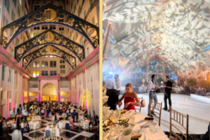 Stunning custom lighting designs for a wedding reception, enhancing the venue’s architecture.