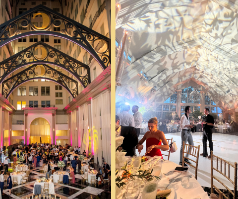 Stunning custom lighting designs for a wedding reception, enhancing the venue’s architecture.