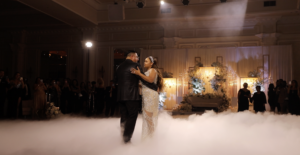Bride and groom’s first dance with fog creating a dramatic effect
