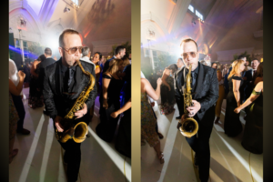 Saxophonist performing live music on the wedding dance floor to keep guests dancing.
