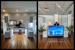 Different DJ setups showcasing what DJs do with turntables, speakers, and screens.