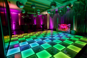 LED dance floor with bright colors at a disco-themed event