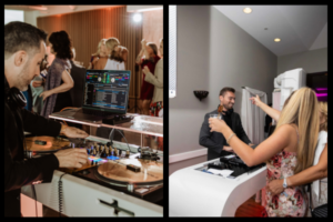 DJ engaging with guests, showing what a DJ does, using headphones and a mixer.
