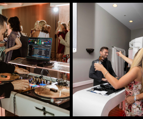 DJ engaging with guests, showing what a DJ does, using headphones and a mixer.