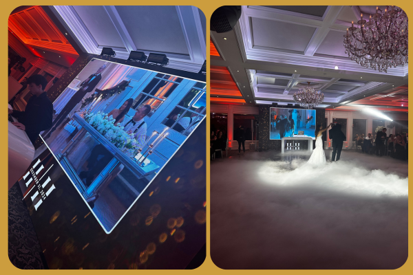 Side-by-side images of Harry and Haley’s wedding at the Mill Lakeside Manor, featuring the LED screen displaying live speeches and their first dance on a cloud-filled dance floor.