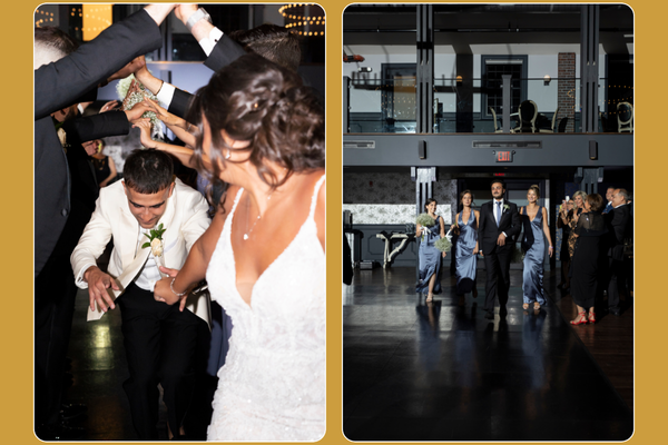 Wedding party entrances featuring a groom diving under a tunnel of arms and bridesmaids walking down the aisle, showing how song timing varies.