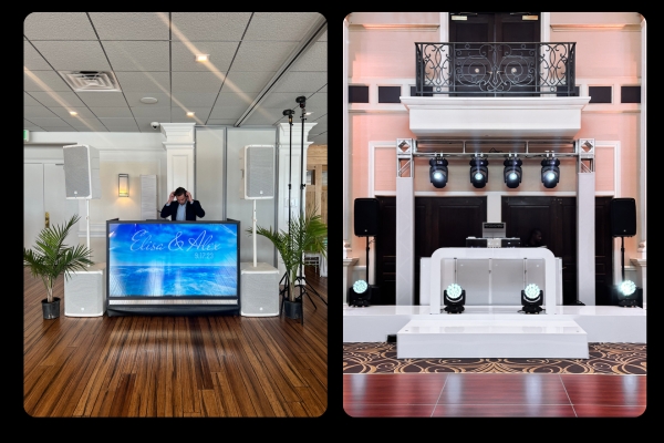 White DJ booth with video screen and elegant setup for a wedding.