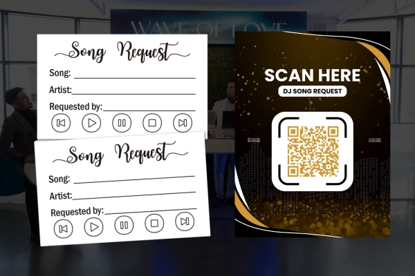 Song request slips and QR code for DJ requests.