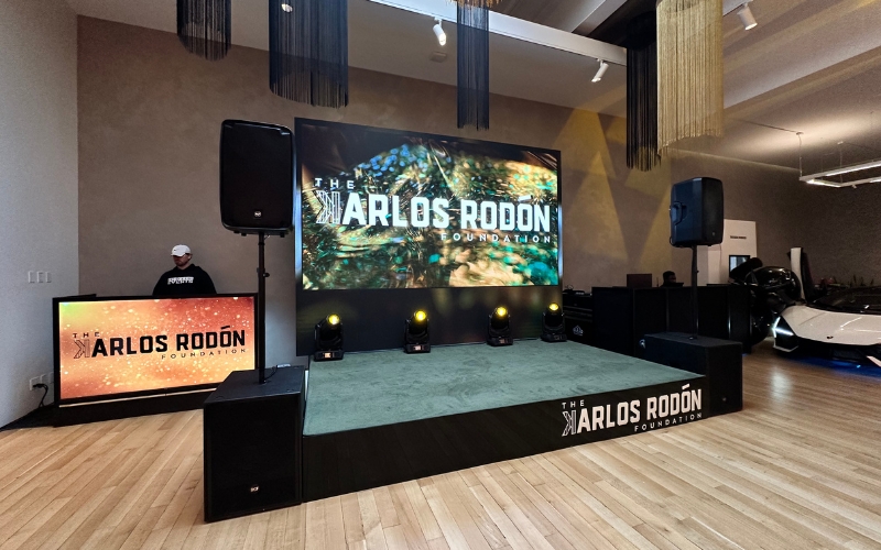 A large stage with a custom digital video wall.