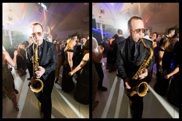 Saxophonist playing on the dance floor at a wedding.