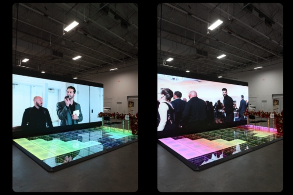 LED wall displays corporate MC and DJ.