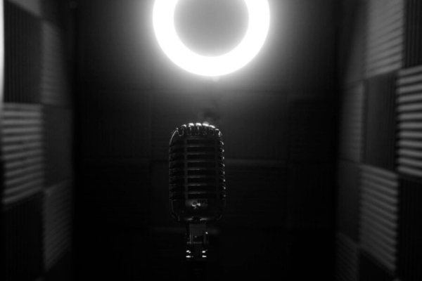 Microphone and ring light inside booth