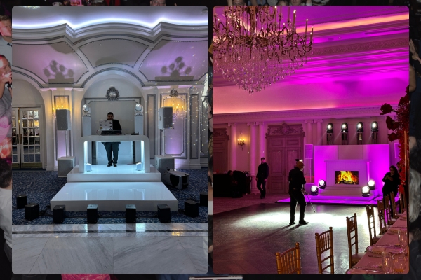 DJ booth lighting with purple uplighting