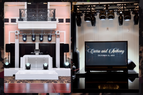 DJ booth with lighting rig and monogram screen