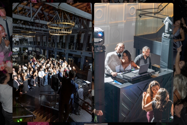 DJ for wedding reception energizing a packed dance floor