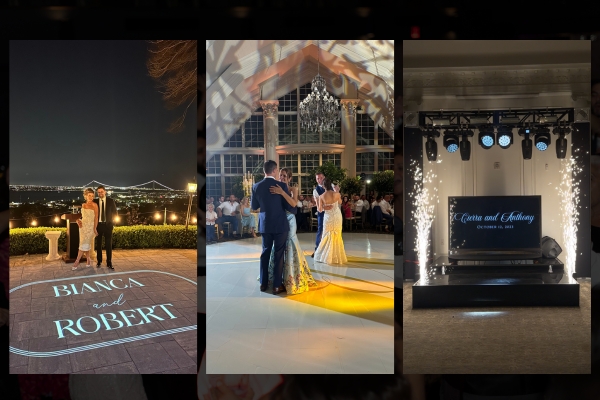 wedding entertainment company setup with sparklers and monogram