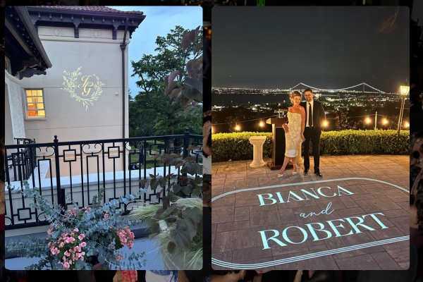 Wedding monogram projections outdoors
