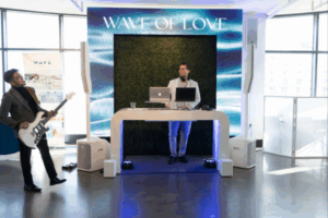 DJ and live band performing together at wedding.