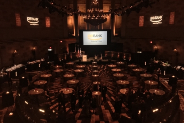 Large-scale conference design with stage and lighting